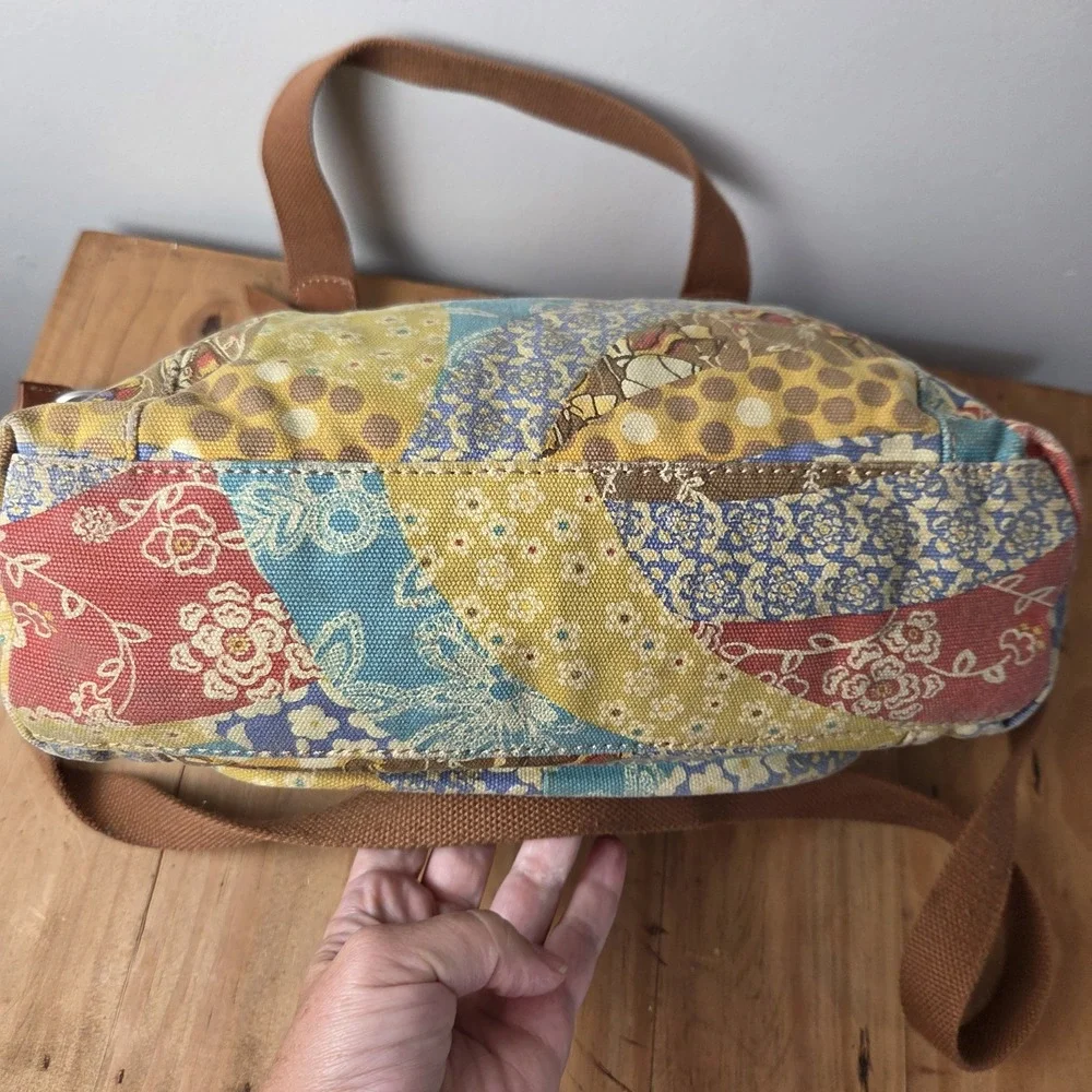 Fossil Patchwork Canvas Satchel Handbag Crossbody Shoulder Bag Leather Boho...